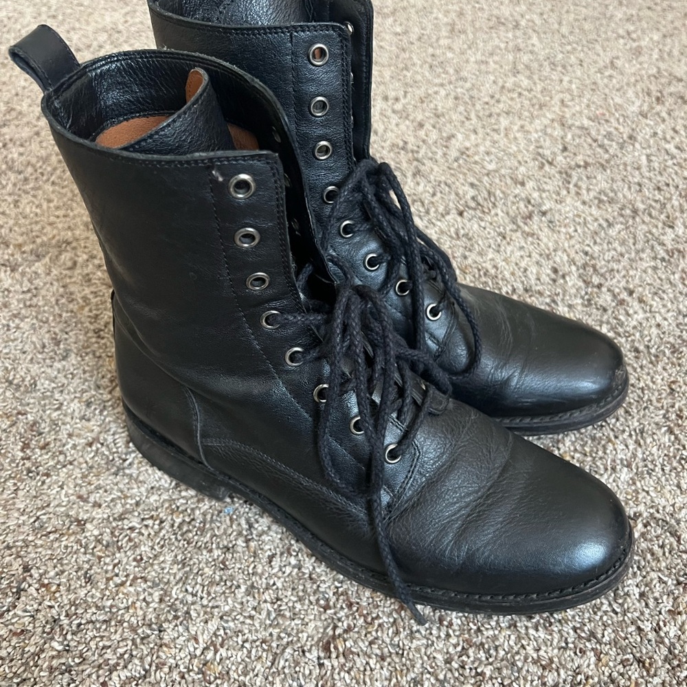 Frye Black Leather Lace-Up Combat Boots